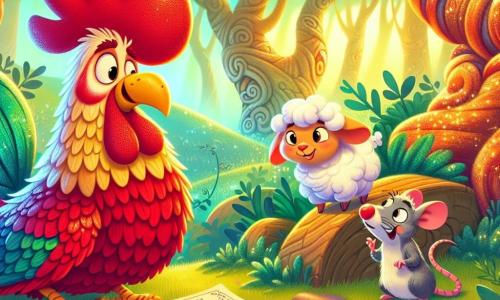 Un gallo de plumas rojas brillantes, con una gran cresta flameante, se encuentra en el centro de la escena, luciendo inquieto y decidido, buscando su campana perdida. A su derecha, una linda oveja, Lola, con lana suave y rizada, mira a su alrededor con una sonrisa traviesa, lista para hacer una broma. A la izquierda, Tomás, un pequeño ratón de ojos brillantes y pelaje gris, examina un plano en papel, con las patas sobre una pequeña mesa de madera. Al fondo, un bosque encantado, con árboles de troncos torcidos y hojas verdes brillantes, bañado en una luz dorada de la mañana, añade un toque mágico a la atmósfera. La escena muestra a Pepito el gallo y sus amigos en plena búsqueda, con expresiones divertidas y un palpable sentimiento de aventura, mientras registran debajo de los arbustos y alrededor de las rocas.