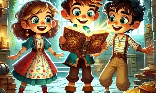 Timo, un joven con orejas puntiagudas y ojos brillantes como estrellas, está en el centro de una habitación secreta en un viejo castillo. Con una sonrisa maravillada, sostiene un antiguo libro titulado "Los Misterios del Tiempo". A su lado, Clara, una niña de cabello rizado y ojos chispeantes, observa el libro con fascinación, vestida con un vestido de flores y mostrando una expresión de emoción. Detrás de ellos, Lucas, un niño de sonrisa traviesa y cabello castaño, señala un cofre dorado brillante, sus ojos llenos de entusiasmo. La habitación tiene paredes de piedra cubiertas de hiedra, con rayos de luz filtrándose a través de ventanas antiguas, iluminando mapas y objetos misteriosos. La escena principal muestra a Timo y sus amigos descubriendo el libro antiguo y dándose cuenta de que han encontrado una forma de viajar en el tiempo, rodeados de una atmósfera mágica y una luz dorada que evoca aventura y misterio.