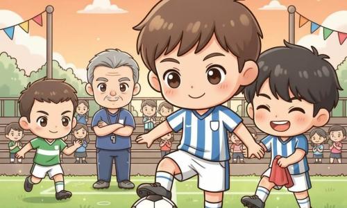 El protagonista es Mateo, un joven sonriente y concentrado de pelo castaño corto y piel clara, con camiseta a rayas azul y blanca y botas limpias, que empuja el balón con el pie haciendo un pase calmado y preciso; a su lado está Luis, riendo y sujetando una pequeña toalla roja, con pelo negro despeinado y mirada cómplice, ligeramente inclinado detrás y a la derecha de Mateo cerca de la línea; el entrenador, hombre mayor de pelo canoso con silbato y brazos cruzados, observa desde la línea de banda con gesto benevolente; un jugador adversario joven con camiseta verde corre hacia el balón en primer plano izquierdo, concentrado y fair play. El escenario es un pequeño campo de barrio al crepúsculo, hierba húmeda y brillante, líneas blancas, graderío de madera con familias aplaudiendo y banderolas, cielo naranja. La escena principal muestra a Mateo haciendo un pase generoso y sereno en un partido local, con gestos lentos y precisos y una atmósfera cálida y solidaria, risas, aplausos y suaves reflejos de sol en la hierba.