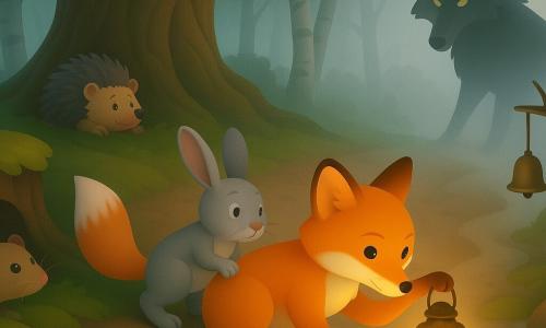 A small red fox (main) with glossy fur and bright eyes, calm and determined, kneels by a silver-reflecting river lighting a small brass lantern that casts a warm glow; a worried young gray rabbit clings to her tail on the muddy path behind, a twitching brown mouse peeks from a stump hole to her left, an old hedgehog curled by an oak’s roots looks relieved, while a large dark wolf—sly, frustrated—looms half-hidden in the mist to the right; the damp ancient forest of mossy ground, smooth stones, knotted trunks and birches is threaded with white fog, and the fox hangs a small bell on a branch to form a circle of warm light that drives the wolf back.