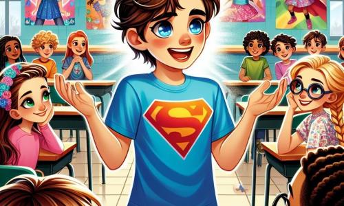 Ein 10-jähriger Junge namens Finn steht in der Mitte des Bildes und strahlt vor Begeisterung. Er hat unordentliche braune Haare und trägt ein leuchtend blaues T-Shirt mit einem Superhelden-Logo. Seine Augen funkeln vor Aufregung, während er zu seinen Klassenkameraden spricht. Neben ihm hört seine beste Freundin Emma, ein 10-jähriges Mädchen mit geflochtenen blonden Haaren und runden Brillen, aufmerksam zu, mit den Händen in die Hüften gestützt und einem entschlossenen Ausdruck. Sie trägt ein buntes Blumenkleid, das um sie herum schwingt. Im Hintergrund ist das Klassenzimmer mit bunten Postern zur Geschlechtergleichheit dekoriert, mit Zeichnungen von Kindern unterschiedlicher Herkunft, die zusammen spielen. Tische sind im Kreis angeordnet, und Klassenkameraden, Jungen und Mädchen, sitzen gebannt Finns Präsentation zu. Die Hauptsituation zeigt Finn, der leidenschaftlich vor seinen Mitschülern spricht und mit erhobenem Arm sein Engagement für Gleichheit ausdrückt, während Emma ihn mit einem Lächeln ermutigt. Die Atmosphäre ist dynamisch und voller Energie und zeigt einen Moment der Solidarität und Inspiration.
