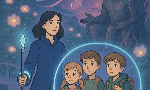 Hoofdpersonage Mara, een serene maar vastberaden vrouw met stralende sterrenogen en een lange diepe blauwe mantel met lichtbanden aan de polsen, houdt een lange staf van kristal en metaal die een zachtblauwe halo uitstraalt; Timm, ongeveer 12, kastanjekort haar, bezorgd maar moedig, staat rechts achter Mara en houdt iemands hand; Sira, ongeveer 10, met lichte gevlochten haren en nieuwsgierige ogen, kijkt vanaf links toe en houdt een klein kaartenboekje; de Wachter/Gardienne is een oude, wijze wezen op een troon van wortels en sterrenstof, met schorsachtige glinsterende huid en open armen; decor: een drijvende tuin in de ruimte met glazen koepels, lichtlintbruggen, zwevende bloemen die maanlicht geven en een roze-paarse nevel met gouden sterren; scène: Mara creëert een beschermende blauwe lichtcirkel om de gerustgestelde kinderen terwijl de Wachter toekijkt, sfeer van kalme spanning en vriendelijk mysterie; grafische stijl: zachte verzadigde kleuren, strakke stripcontouren, lichte glas- en sterrenstoftexturen, zacht nachtelijk licht in blauwtinten en violettinten.