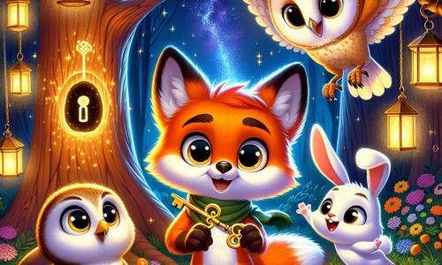 Un piccolo volpe di nome Leo, con un pelliccia arancione brillante e grandi occhi curiosi, si trova al centro dell'immagine, tenendo una chiave dorata tra le zampe anteriori, con un sorriso meravigliato sul volto. Alla sua destra, un saggio gufo di nome Gigi, con piume marroni e occhiali rotondi, guarda Leo con aria incoraggiante, posato su un ramo. A sinistra, un coniglietto di nome Nino, con pelliccia bianca e orecchie lunghe, salta di gioia, gli occhi brillanti di eccitazione. Lo sfondo è un giardino magico, illuminato da lanterne scintillanti e pieno di fiori colorati, con un vecchio tronco d'albero al centro, da cui un buco a forma di chiave brilla misteriosamente. La scena emana un'atmosfera di mistero e magia, mentre Leo, Gigi e Nino scoprono il giardino segreto di Halloween, pronti per un'avventura indimenticabile.