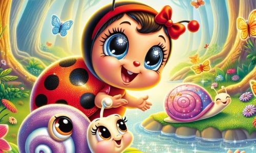 Una pequeña mariquita llamada Lila, con un caparazón rojo brillante salpicado de manchas negras, se encuentra alegremente al borde de un estanque resplandeciente. Sus ojos brillantes de curiosidad y felicidad reflejan la luz del sol. A su lado, un caracol sabio llamado Tito, con una concha en espiral de colores pastel, la observa con una sonrisa benevolente, moviéndose lentamente sobre una hoja verde. El escenario es un hermoso bosque mágico, donde árboles majestuosos con troncos gruesos se elevan hacia el cielo, sus hojas vibrantes bailan al compás del viento. Flores coloridas con pétalos brillantes bordean el camino, mientras mariposas multicolores vuelan a su alrededor. La situación principal muestra a Lila tocando una piedra brillante en el centro del estanque, emitiendo una luz dorada que ilumina el paisaje, mientras Tito la anima con una mirada llena de orgullo. La atmósfera está llena de magia y alegría, capturando el momento en que realizan su deseo por la felicidad de todos los habitantes del bosque.