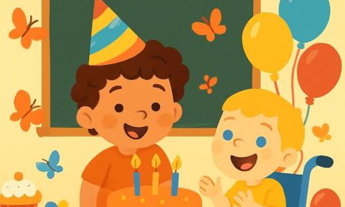 Hay 2 personajes principales: - Pablo: un niño de 7 años, con cabello castaño y rizado, que lleva un gran sombrero de fiesta colorido. Está de pie en el centro, sonriendo con ojos brillantes de alegría. - Luis: un niño de 7 años, con cabello rubio y corto, sentado en una silla de ruedas decorada con globos. Sonríe ampliamente y sostiene un ramo de globos multicolores en sus manos. El lugar es un aula luminosa, decorada con guirnaldas coloridas y globos flotantes. Un gran pizarrón está al fondo y una mesa está llena de pasteles y golosinas apetitosas. Mariposas de papel vuelan alrededor de los niños, añadiendo un toque mágico a la atmósfera festiva. La situación principal muestra a Pablo soplando las velas de cumpleaños en un gran pastel, mientras Luis lo anima con una gran sonrisa. Los amigos a su alrededor aplauden con alegría, creando una atmósfera de fiesta y felicidad.
