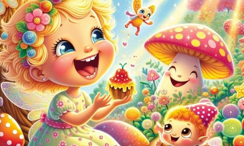 Una bambina di 4 anni, di nome Luna, con capelli dorati come il sole e occhi blu brillanti, ride mentre assaggia una marmellata magica che brilla di mille colori. Indossa un vestito leggero a fiori ed è seduta su un tappeto di fiori dolci, circondata da una luce gioiosa. Accanto a lei, un folletto di nome Pip, con ali scintillanti e un cappello a pois, salta di gioia, i suoi occhi pieni di malizia. È piccolissimo, grande quanto un libro, e fa smorfie divertenti mostrando la marmellata. Sullo sfondo, un albero parlante di nome Fronda, con un tronco largo e rami fogliosi, sorride amichevolmente, le sue foglie brillano come caramelle. Il luogo è il magico Bosco di Zucchero, pieno di fiori colorati, funghi a forma di caramelle e una luce soffusa che illumina la scena. La situazione principale mostra Luna e Pip che si divertono insieme, circondati dalla magia del bosco, mentre scoprono la marmellata che fa ridere e brilla come un arcobaleno, creando un'atmosfera gioiosa e piena di fantasia.