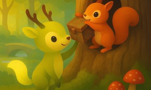 Lumo, piccolo essere della foresta con corna sottili come rametti e una coda luminosa giallo pallido, ha un volto sorridente e concentrato; sta saldo, funge da sgabello con le corna piegate per aiutare l'amica. Pina, piccola scoiattolina rossa dal pelo morbido e occhi vivaci, è sulle spalle di Lumo, tesa a raggiungere una scatola di latta arrugginita incastrata nel tronco, con una zampa che gira la linguetta verso sinistra, eccitata e determinata. In primo piano tre pietre ovali lisce come uova sono sulla muschiata, con una pietra pulita accanto. La scena è una radura luminosa con una grande quercia cava dal tronco segnato, tappeto di muschio verde, funghi rossi a pois bianchi, raggi dorati di sole, un ruscello argentato e un ponte di pietra sullo sfondo. Situazione principale: due amici cooperano — Lumo stabile e protettivo, Pina agile e coraggiosa — per recuperare una piccola scatola del tesoro incastrata in un albero antico, scena dolce dalle texture organiche e colori caldi.