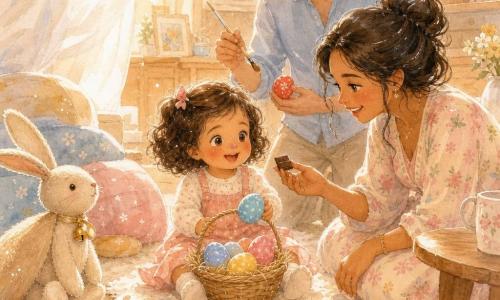 Niña de 2 años feliz y asombrada, pelo castaño rizado a la altura del mentón, mejillas rosadas y ojos grandes y brillantes, sentada en la alfombra crema con una pequeña cestita de paja llena de huevos de colores; una mujer (mamá, ~30 años) con sonrisa dulce, pelo largo recogido en un moño suelto y vestido de flores pastel, agachada junto a la niña ofreciendo un trozo de chocolate; un hombre (papá, ~32 años) con barba corta y gafas, camisa azul claro, de pie detrás con un pincel pequeño y un huevo pintado de rojo; un conejito de tela beige con una campanilla dorada cerca de unos cojines observando; sala de estar bañada en luz dorada matinal, mesa de madera clara, cortina blanca translúcida y huellas blancas de harina en forma de patitas desde el pasillo; escena principal: la niña sigue las huellas, encuentra un huevo en su cestita y se ríe con una mancha de pintura rosa en la nariz; ambiente cálido, colores pastel y texturas suaves con delicados reflejos en blanco.