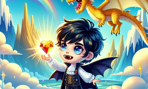 Um jovem vampiro chamado Lúcio, com olhos brilhantes de curiosidade e cabelos negros desgrenhados, está no topo da majestosa Montanha do Sol. Suas presas brilham como diamantes sob o sol, e seu rosto expressa uma determinação alegre enquanto segura o Coração de Estrelas, uma gema resplandecente que pulsa de luz. Ao seu lado, um dragão chamado Pyros, com escamas douradas cintilantes, se estica majestuosamente, seus olhos brilhando de sabedoria e calor. Ele observa Lúcio com orgulho, pronto para apoiá-lo em sua busca. Ao fundo, a Montanha do Sol se ergue com encostas douradas e nuvens fofas flutuando ao redor, criando uma paisagem mágica. O céu é de um azul brilhante, salpicado de algumas nuvens brancas, enquanto arco-íris cintilam no horizonte. A cena principal mostra Lúcio levantando o Coração de Estrelas em direção ao céu, iluminando a paisagem ao seu redor, simbolizando a esperança e a magia que renascem em seu reino.