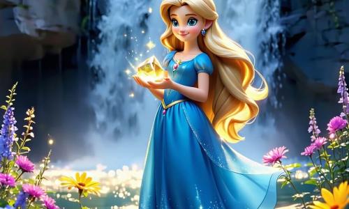 Prinses Luna, een jong meisje met lange gouden haren en sprankelende nieuwsgierige ogen, staat aan de rand van een prachtige waterval. Ze draagt een blauwe jurk versierd met glinsterende bloemen en heeft een verwonderde glimlach, terwijl ze een magische steen in haar handen houdt die met een gouden licht straalt. Naast haar staan drie kleurrijke bloemen, de Regenboogbloemen, trots rechtop. Elke bloem heeft stralende bloemblaadjes: een is rood, een is geel en de laatste is blauw. Ze lijken om Luna heen te dansen en delen enthousiast hun geheim. De plek is een betoverd bos, vol majestueuze bomen met dikke stammen en groene bladeren, terwijl zonnestralen door het loof filteren en de scène verlichten met een zachte gouden gloed. De waterval achter Luna schittert als diamanten en creëert een rustgevend geluid dat door de lucht weerklinkt. De belangrijkste situatie toont Luna die de magie van de steen ontdekt, klaar om haar kracht te gebruiken om vreugde en kleur in de wereld om haar heen te brengen, omringd door de schoonheid van de natuur en de opwinding van de bloemen.