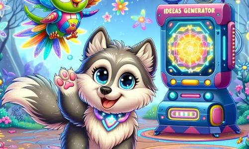 Een kleine wolf met glanzende ogen en zachte, sterachtige vacht staat vol opwinding voor een grote futuristische machine genaamd "Ideeëngenerator". Hij heeft een stralende glimlach en zijn poten zijn omhoog, alsof hij klaar is om een nieuwe wereld te ontdekken. Naast hem vliegt een kleurrijke robotvogel met glinsterende veren en sprankelende ogen, die een blije uitdrukking heeft, in cirkels om hem heen en is klaar om hem uit te dagen. De achtergrond is een prachtige Technologie Tuin, vol met heldere bloemen die melodieuze geluiden maken, met zwevende gadgets en schitterende hologrammen in de lucht, wat een magische en dynamische sfeer creëert. De hoofdscene toont de enthousiaste wolf, klaar om de machine te activeren voor een ongelooflijk avontuur op zoek naar een verborgen schat, terwijl de robotvogel hem aanmoedigt met dansende bewegingen.