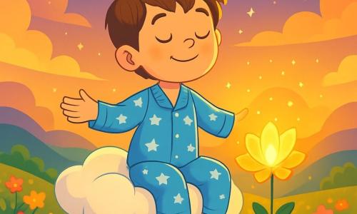 Un băiat de 8 ani, cu părul castaniu și ochii strălucind de curiozitate, stă pe un nor pufoș, cu un zâmbet seren pe față. Poartă un pijama albastru cu stele albe, iar brațele îi sunt întinse, ca și cum ar flota în aer. Lângă el, o floare mică și luminoasă cu petale aurii se deschide ușor, emanând o strălucire caldă. Locul este o vale vastă și fermecată, scăldată în lumina aurie a apusului, cu coline blânde acoperite de flori colorate și un cer presărat cu stele sclipitoare. Scena este pașnică, plină de blândețe și magie, cu nori pufoși care dansează încet în voia vântului. Situația principală îl arată pe băiat respirând adânc, inspirând frumusețea mediului său, în timp ce floarea îi șoptește povești liniștitoare despre pace și serenitate.