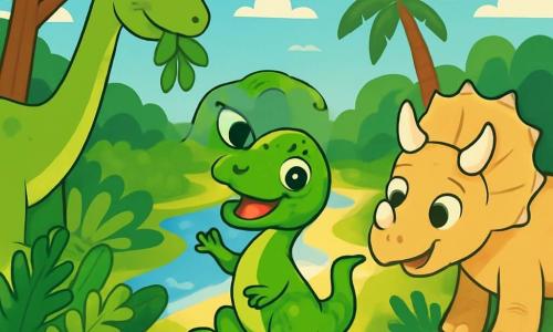 Wesoły i figlarny welociraptor z błyszczącymi zielonymi łuskami i iskrzącymi się oczami stoi w centrum obrazu, skacząc na tylnych łapach z szerokim uśmiechem. Po jego prawej stronie łagodny i przyjazny triceratops z dużą koroną z trzech rogów i beżową skórą pochyla się, aby podziwiać welociraptora, jego oczy pełne zachwytu. Po lewej stronie majestatyczny brachiozaur z długą szyją i zieloną skórą pochyla się, aby złapać liście z drzewa, obserwując scenę z ciekawością. Tło to bujna prehistoryczna wyspa, pełna dużych paproci, kolorowych kwiatów i gigantycznych drzew, pod błękitnym, słonecznym niebem. W tle lśniąca rzeka wije się przez krajobraz. Główna scena pokazuje welociraptora oświetlonego magią swojego kolorowego ogona, radośnie tańczącego z przyjaciółmi, podczas gdy delikatny promień światła oświetla ich przyjaźń.