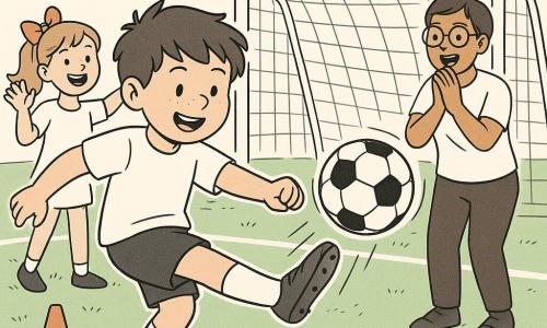 An 8-year-old boy with a round face and a small freckle on his nose, tousled brown hair, joyful proud expression, leaning forward with his right leg extended as he kicks a soccer ball into the net; behind him, an ~8-year-old girl (Emma) with light brown hair tied with a large orange bow, smiling with arms raised, watching the ball; Coach Sam, 30–40, short hair and round glasses, hands clasped before his mouth in happy surprise, standing right of the goal applauding; textured green lawn with white lines, scattered orange cones, goal with fine net, clear sky with soft clouds; moment the ball hits the net—dynamic captured movement and a modest, encouraging victory atmosphere.