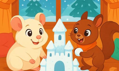 Um pequeno porquinho, um porquinho-da-índia chamado Nino, com grandes orelhas e pelagem macia e branca, observa maravilhado um castelo de neve que ele construiu com sua melhor amiga. Seus olhos brilham de alegria e um leve sorriso ilumina seu rosto. Ao seu lado, uma esquilinha travessa chamada Lila, com pelagem marrom e um bonito cachecol laranja ao redor do pescoço, pula de felicidade, seus olhos brilhando de travessura. Ela segura um bloco de neve em suas pequenas patas, pronta para adicionar um toque mágico ao castelo. A cena acontece em uma sala de jogos acolhedora, cheia de almofadas coloridas e brinquedos de madeira, com uma janela que dá para uma paisagem invernal encantadora, onde a neve cai suavemente, cobrindo o mundo exterior com um manto branco. Nino e Lila estão construindo juntos um castelo de neve imaginário, rindo e se divertindo, enquanto a luz suave das luzes piscantes cria uma atmosfera calorosa e acolhedora.
