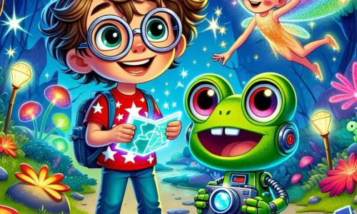 An 8-year-old boy named Oliver, with messy hair and round glasses, smiles in wonder while holding a shiny map. He wears a red t-shirt with star patterns and bright red sneakers, and his face expresses contagious joy. Next to him, a frog robot named Ribbit, with a green metallic body and camera-shaped eyes, curiously looks at the map, its little legs in the air, ready to jump with excitement. Nearby, a small fairy named Twinkle, with sparkling wings and a dress made of flower petals, flies around them, filling the air with magic. Their adventure takes place in the Cosmic Jungle, a magical place where trees have neon leaves and strange creatures float in the air. Colorful flowers and shining crystals dot the ground, while twinkling lights dance around them. The scene shows Oliver, Ribbit, and Twinkle standing in front of the entrance to a sparkling cave, where multicolored crystals shine inside. Oliver, full of enthusiasm, points the map towards the cave, ready to discover the hidden treasure.