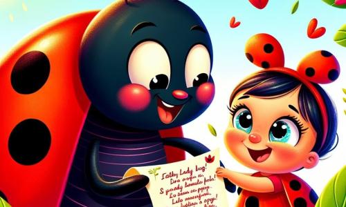 O buburuză mică și veselă, pe nume Lili, cu aripi roșii strălucitoare și buline negre, zâmbește larg ținând o frunză pe care este scrisă o poezie. Ochii ei strălucesc de bucurie și entuziasm. Lângă ea, Tati Buburuza, un insect mare și negru cu aripi strălucitoare și o expresie emoționată, citește poeziile cu un zâmbet tandru, având lacrimi de bucurie în ochi. Se află într-o grădină însorită, plină de flori colorate și frunze verzi, unde soarele strălucește printre petale. Scena arată un moment emoționant de împărtășire și dragoste între tată și fiică, celebrând ziua tatălui într-o atmosferă caldă și veselă.