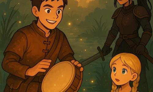 A man named Rowan stands at the edge of a mysterious swamp, his face lit by a determined and confident smile. He has short brown hair, sparkling eyes full of curiosity, and wears a worn leather tunic, tar boots, and a satchel. He gently beats an ancient drum, his expression a mix of concentration and joy. Beside him, a young girl of about 10 with braided blonde hair watches in wonder. She wears a simple linen dress and holds a small piece of bread, ready to offer it to the swamp. A little further away, a warrior woman named Sylke, in her twenties with black hair and leather armor, stands ready with her sword, her vigilant gaze scanning the shadows of the swamp. The setting is an enchanted swamp bathed in soft golden light, with reeds swaying in the wind and fireflies sparkling like lost stars. Light mists float above the water, creating a magical and mysterious atmosphere. The main scene shows Rowan playing the drum, calling the spirits of the swamp, while fireflies dance around him, illuminating the scene with a soft, warm glow. The characters are united in a moment of discovery and adventure, ready to face the mysteries surrounding them.