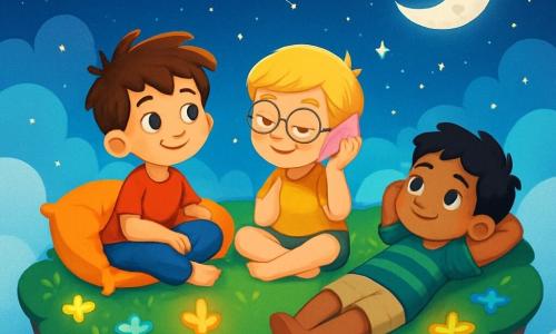 There are three characters: Eli, an 8-year-old boy with messy brown hair and sparkling curious eyes, lying on a large fluffy cushion with a dreamy smile; Sam, a 7-year-old boy with blonde hair and round glasses, sitting cross-legged next to Eli, holding a pink shell to his ear, eyes closed, listening to the stories of the sea; and Noah, an 8-year-old boy with black hair and a tan complexion, lying on his back with his hands behind his head, gazing at the twinkling stars above with a serene expression. The main setting is a magical floating island, surrounded by soft, fluffy clouds. The grass is a vibrant green, dotted with glowing flowers that shine in the dark. Above, a brilliant starry sky with shimmering constellations and a silver moon gently illuminates the scene. The main situation shows the three friends exploring their magical island, surrounded by soft light and tranquility. They laugh and share stories as a light breeze envelops them, creating an atmosphere of peace and serenity.