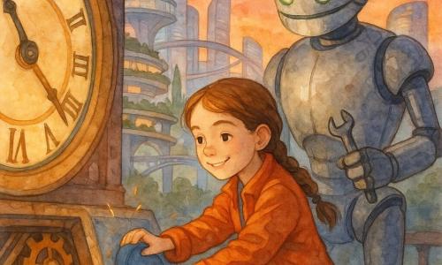 Lila, a smiling, focused 10-year-old with light-brown braided hair, an orange jacket and blue pants, turns a large blue dial on a control panel while Clink, a massive brushed-metal maintenance robot with green lights, stands behind pointing a small wrench; in the foreground the clocktower top shows exposed mechanisms, glowing gears and a large stationary golden dial, and in the background a futuristic city of curved glass skyscrapers and suspended walkways basks in an orange-purple sunset—they are restarting the clock in a warm, dynamic scene with precise gestures, soft sparks and a hopeful twilight atmosphere.