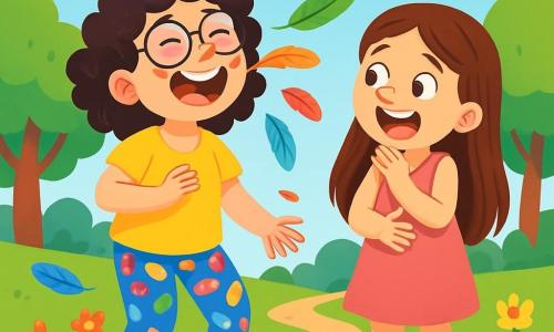Lola, una mujer alegre con cabello rizado y gafas redondas, lleva una camiseta amarilla brillante y leggings con estampado de caramelos. Se ríe a carcajadas, rodeada de plumas coloridas que flotan a su alrededor, con una gran sonrisa en su rostro. Rita, su mejor amiga, una niña de 8 años con cabello largo y liso, lleva un vestido rosa y sandalias. Se encuentra al lado de Lola, con los ojos muy abiertos de sorpresa, sosteniéndose el vientre de la risa. La escena transcurre en un parque soleado, con árboles verdes exuberantes, flores brillantes y un cielo azul salpicado de nubes blancas esponjosas. Lola acaba de descubrir que tiene un poder cómico: cada vez que estornuda, plumas salen de su nariz, provocando una risa contagiosa en todos los que la rodean.