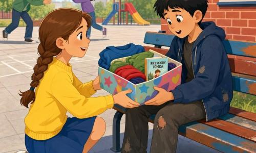 Main girl: a smiling 10-year-old with light brown braided hair, wearing a bright yellow sweater and blue skirt, kneeling by a painted wooden bench to hand a colorful box to a classmate; secondary boy: a surprised, grateful 10-year-old with short black hair, worn pants and scuffed shoes, sitting on the bench opening the box; background: two blurred children (around 9–11) playing with a ball, paved schoolyard with red brick wall, green grass and a distant colorful slide under soft morning light; main action: a warm exchange of clothes and a book, focused on the hands passing the box and the moved faces.