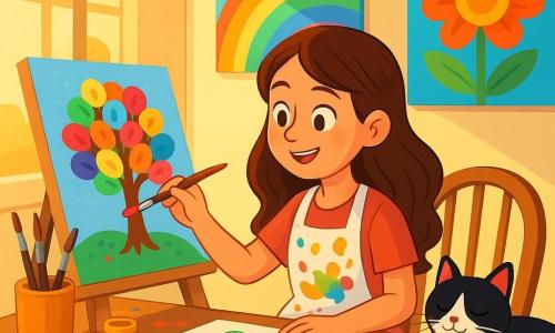 Una joven artista, Ana, está sentada a una mesa de madera en su luminoso estudio, rodeada de lienzos coloridos. Tiene el cabello largo y castaño y lleva un delantal salpicado de pintura, su rostro expresa concentración y alegría. Ana sostiene un pincel en su mano derecha, pintando con pasión un árbol de hojas multicolores. A su lado, un gato blanco y negro llamado Lino está acostado en una silla, con los ojos entrecerrados, ronroneando pacíficamente, añadiendo un toque de dulzura a la escena. El estudio está lleno de luz natural, con grandes ventanas que dejan entrar rayos dorados, y paredes decoradas con pinturas vibrantes. Tarros de pintura y pinceles están esparcidos sobre la mesa, creando un ambiente creativo y cálido. Ana está pintando un cuadro que representa un árbol con hojas en forma de caramelos, mientras reflexiona sobre el valor de su arte, una mezcla de determinación y sueño.