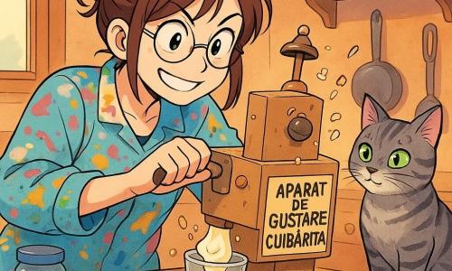 O femeie adultă, Miruna, zâmbitoare și concentrată, părul șaten prins dezordonat, cu ochelari rotunzi, poartă o bluză colorată pătată de iaurt și vopsea și apasă un levier de carton al unui aparat artizanal pe masă; lângă ea, pe masă, stă Dodo, un motan gri tigrat cu ochi verzi și un fulg de cereale prins de mustață, amândoi privesc curioși cum invenția „aparat de gustare cuibărită” toarnă în cupa transparentă straturi de fructe, iaurt și cereale — iaurtul face un mic plop, fulgi zboară în aer, clopoțelul e gata de sunat — scena are loc într-o bucătărie caldă și înghesuită (masă din lemn deschis, borcane colorate, cutie de pantofi transformată în carusel, ustensile împrăștiate), stil manga copilăresc, culori vii și contrastante, trăsături rotunde și expresive, compoziția centrând interacțiunea veselă și ușor haotică dintre Miruna, mașină și Dodo.