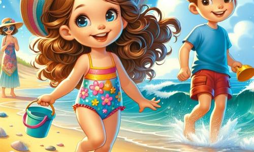Uma menina de 8 anos, chamada Laura, está na praia, com cabelos castanhos e cacheados ao vento. Ela usa um maiô colorido com estampas de flores e um chapéu de palha, seu rosto radiante de alegria enquanto corre em direção às ondas. Ao lado dela, seu irmão Lucas, de 10 anos, tem cabelos loiros e veste uma camiseta azul e um short vermelho. Ele sorri segurando um balde e uma pá, pronto para construir um castelo de areia. Ao fundo, os pais, um homem e uma mulher, observam os filhos com sorrisos calorosos, o pai usando óculos de sol e a mãe um pareô colorido. O local é uma bela praia à beira do oceano, com dunas de areia dourada, conchas espalhadas e ondas brilhantes sob o sol radiante. O céu é de um azul profundo, salpicado de algumas nuvens brancas e fofas. A cena principal mostra Laura correndo em direção à água, com os braços abertos, pronta para mergulhar nas ondas, enquanto Lucas a segue de perto, rindo e gritando de alegria.
