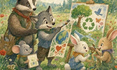 Die Hauptfigur ist ein kleiner anthropomorpher Wolf mit weichem grauem Fell und großen leuchtenden Augen, lächelnd, hält ein buntes Plakat und bemalt ein Schild mit einem Pinsel in dynamischer, enthusiastischer Haltung; daneben vorn leicht links eine runde schüchterne graue Maus mit aufmerksamem Blick, die ein Notizbuch festhält und eine Idee zeigt; dahinter ein robuster ruhiger brauner Dachs, der dem Wolf wohlwollend auf die Schulter klopft und eine kleine Materialtasche trägt; rechts hocken weiße und beige Häschen und malen fröhlich bunte Buchstaben auf ein Staffeleischild und spritzen etwas Farbe. Die Szene spielt auf einem blühenden Feld am Waldrand mit hohen grünen Gräsern, roten Mohnblumen, weißen Margeriten, blassblauem Himmel und entfernten Bäumen mit smaragdgrünen Blättern; die Tiere gestalten gemeinsam ein ökologisches Schild mit Plakaten und sortierten Müllsäcken, in klarer Komposition, pastell-aquarellfarbenen Tönen, feuchten gewaschenen Texturen und sanftem Morgenlicht.