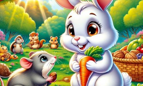 Un pequeño conejo de pelaje blanco y suave, con grandes orejas atentas, sonríe alegremente sosteniendo una zanahoria con sus patas delanteras. Sus ojos brillan de emoción mientras se encuentra en el centro de un claro soleado. A su lado, un pequeño ratón de pelaje gris, con grandes ojos curiosos y una pequeña cola, observa con admiración, sosteniendo una nuez en sus patas. Parece feliz y entusiasta, listo para ayudar. Al fondo, un grupo de animales, incluyendo un erizo y una tortuga, se reúnen alrededor de una gran cesta llena de comida colorida, todos mostrando expresiones de gratitud y alegría. El lugar es un claro verde, rodeado de árboles con hojas vibrantes y flores brillantes, bañado por la luz dorada del sol. La escena principal muestra el momento en que los animales se reúnen para compartir comida con aquellos que la necesitan, creando una atmósfera de solidaridad y felicidad.