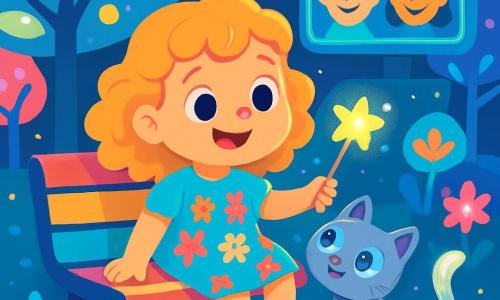 Una bambina di 4 anni, Emma, con capelli ricci e dorati, grandi occhi curiosi e un sorriso splendente, è seduta su una panchina colorata in un parco futuristico. Indossa un vestito leggero con motivi floreali brillanti e tiene in mano una piccola bacchetta magica elettronica che scintilla. Accanto a lei, un gattino argentato con una coda luminosa e grandi occhi blu si strofina affettuosamente contro le sue gambe. Il parco è pieno di alberi elettronici con foglie multicolori che brillano sotto un cielo stellato, con fiori luminescenti che danzano al ritmo di una dolce melodia. Emma e il gatto giocano insieme, circondati da luci soffuse e musica rilassante, mentre uno schermo olografico nelle vicinanze mostra volti felici che li ringraziano.