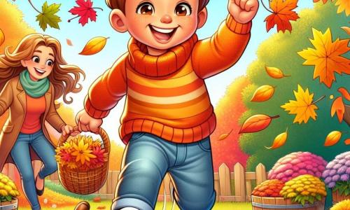 Um garoto de 6 anos, Léo, com cabelos castanhos e olhos brilhantes de curiosidade, corre alegremente em um jardim de outono, com as bochechas rosadas de excitação. Ele usa um suéter laranja vivo e uma calça jeans, rindo enquanto salta em um monte de folhas coloridas, espalhando pedaços de amarelo, laranja e vermelho ao seu redor. Sua mãe, uma mulher de cerca de 30 anos com longos cabelos castanhos e um sorriso caloroso, está próxima, recolhendo folhas para mostrar a Léo. Ela veste um casaco leve e um cachecol colorido, acrescentando à atmosfera de outono. O jardim é vibrante em cores, com árvores de folhas flamejantes, um céu azul claro salpicado de nuvens brancas e uma pequena poça d'água onde flutuam bolotas. Flores de outono, como crisântemos, adicionam toques de roxo e rosa à paisagem. A cena principal mostra Léo se divertindo ao pular nas folhas caídas, enquanto sua mãe o observa com ternura, criando um momento de alegria e conexão familiar no coração da beleza do outono.