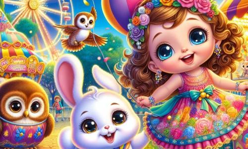 Una bambina di 3 anni, Sofia, con grandi occhi brillanti e capelli ricci, indossa un vestito colorato decorato con fiori. Sorride con meraviglia, tenendo un palloncino multicolore nella mano. Accanto a lei, un coniglietto bianco con grandi orecchie e pelo morbido salta felice, pronto a trascinarla in un'avventura. Più lontano, un piccolo gufo marrone con occhi rotondi, appollaiato su un ramo, li osserva con curiosità, con le ali leggermente spiegate. La scena si svolge in un parco magico, pieno di colori vivaci e decorazioni di carnevale: ghirlande di luci scintillanti, palloncini fluttuanti e coriandoli che danzano nell'aria. Sullo sfondo, una grande ruota panoramica luminosa gira lentamente, aggiungendo all'atmosfera festosa. Sofia, il coniglietto e il gufo si trovano davanti a un grande scrigno del tesoro aperto, pieno di caramelle, maschere e giocattoli colorati. Sono tutti emozionati, pronti a scoprire le meraviglie nascoste all'interno, simboleggiando l'amicizia e la gioia del carnevale.