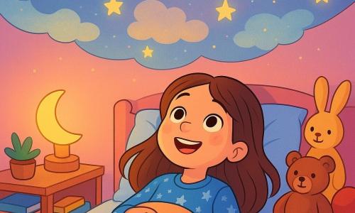 Una ragazza di 8 anni, Chiara, con lunghi capelli castani e occhi pieni di curiosità, è sdraiata nel suo letto accogliente. Il suo viso irradia gioia e meraviglia mentre guarda il soffitto. Indossa un pigiama blu a stelle e un sorriso luminoso illumina il suo volto. Sopra di lei, un Soffitto Parla-Stelle, un soffitto magico con motivi di nuvole e stelle scintillanti, sembra parlarle con una voce dolce e amichevole. La camera è piena di giocattoli colorati, libri impilati e peluche, con muri dipinti di rosa chiaro. Una luce soffusa proviene da una lucina a forma di luna, proiettando ombre danzanti sulle pareti. In questa scena, Chiara sta chiacchierando allegramente con il Soffitto Parla-Stelle, condividendo risate e sogni, mentre le stelle brillano sopra di lei, creando un'atmosfera magica e rasserenante.