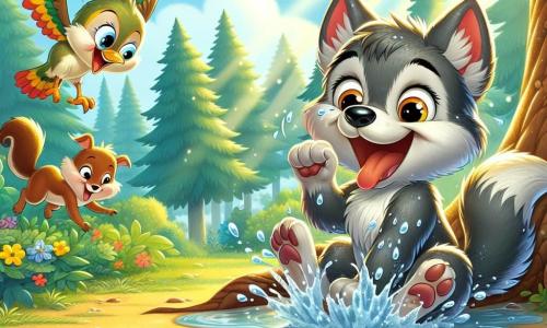 Un pequeño lobo llamado Lupi, con pelaje gris y ojos brillantes de travesura, está sentado sobre un tronco de árbol, riendo a carcajadas después de deslizarse en un charco de agua. Tiene una gran sonrisa en su rostro, sus orejas puntiagudas están erguidas y gotas de agua brillan en su pelaje. A su lado, un ave colorida llamada Pío, con plumas amarillas y rojas, vuela en círculos, riendo de la situación, con sus alas desplegadas y ojos brillantes de alegría. Más allá, una pequeña ardilla marrón llamada Nala, con una cola esponjosa, aplaude saltando sobre sus patas traseras, su rostro radiante de emoción. El escenario es un hermoso bosque verde, con rayos de sol filtrándose a través de las hojas de los árboles, iluminando el suelo cubierto de flores coloridas y hojas. Al fondo, un arroyo brilla, añadiendo un toque de magia a la escena. La situación principal muestra a Lupi, Pío y Nala en plena aventura, riendo juntos después de una caída cómica en un charco, rodeados de sus amigos animales, celebrando la alegría de la amistad y los momentos divertidos.