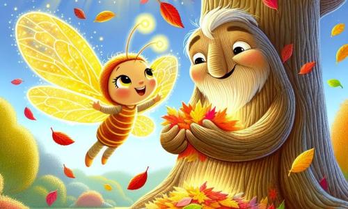 Una pequeña luciérnaga llamada Lila, con un cuerpo luminoso y alas translúcidas, vuela alegremente alrededor de un gran árbol, su rostro radiante de felicidad. Está recogiendo hojas coloridas que caen a su alrededor, con los ojos brillantes de emoción. Junto a ella, Don Roble, un árbol majestuoso con un tronco ancho y nudoso, tiene hojas rojas y doradas. Su expresión es cálida y agradecida, y se inclina ligeramente para ayudar a Lila a recoger las hojas. El lugar es un jardín encantador, lleno de colores otoñales, con hojas esparcidas por el suelo y un cielo azul claro de fondo. Los rayos de sol filtran a través de las ramas, creando una atmósfera mágica. La escena principal muestra a Lila y Don Roble colaborando alegremente para recoger las hojas caídas, celebrando juntos la belleza del otoño.