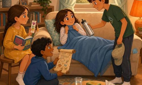 Ci sono quattro bambini: Martina, bambina di circa 10 anni, capelli castani a mezza lunghezza, in pigiama chiaro a pois, stanca e sdraiata su un divano beige con una coperta blu fino al mento; Tommaso, ragazzo di circa 10 anni, capelli corti castani, caschetto leggero in mano, t-shirt verde, in piedi a destra del divano che porge una borraccia d'alluminio per farla bere; Sofia, bambina di circa 10 anni, capelli lunghi trecciati, vestito giallo senape, seduta su una sedia a sinistra con un libro e un segnalibro fatto a mano, sorridente e attenta; Nabil, ragazzo di circa 11 anni, pelle olivastra e capelli neri ricci, con un maglione blu, accucciato vicino al piede del divano che mostra una pergamena arrotolata. L'ambiente è un salotto caldo e luminoso con parquet chiaro, tappeto rotondo geometrico, scaffale basso con qualche libro e pianta, luce soffusa di una lampada da tavolo arancione e una finestra con tende pastello che lascia entrare la luce del tardo pomeriggio. Situazione: visita amichevole a casa, Martina malata sul divano circondata dagli amici che mantengono distanza e offrono piccoli gesti di cura (borraccia, libro, coperta, tazza d'acqua, scatola di tisane), scena tranquilla e rassicurante con colori caldi e volti espressivi.