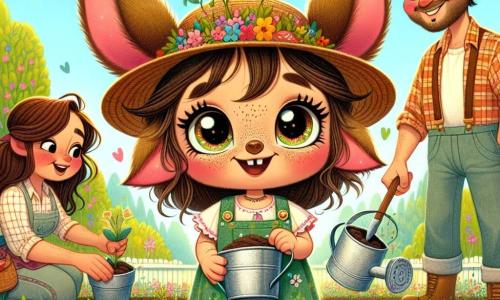 Lilli, ein kleines Wesen mit funkelnden Augen und weichem Fell, steht im Mittelpunkt des Bildes, lächelt und ist voller Freude, während sie bunte Samen in ihrem sonnigen Garten pflanzt. Sie trägt ein grünes Kleid mit Blumen und einen Strohhut, der ihr einen schelmischen Ausdruck verleiht. Neben ihr steht ihr Vater, ein Mann mit einem warmen Lächeln und braunem Bart, der eine Schaufel hält und sie stolz ermutigt. Er trägt ein kariertes Hemd und eine Stoffhose und steht leicht im Hintergrund, bewundernd die Arbeit seiner Tochter. Im Hintergrund gießt ihre Mutter, eine sanfte Frau mit langen kastanienbraunen Haaren, die jungen Pflanzen mit einer schönen, glänzenden Gießkanne und zeigt ein zufriedenes Lächeln. Der Garten ist ein wahres Frühlingsgemälde, mit bunten Blumen in voller Blüte, Schmetterlingen, die herumfliegen, und einem blauen Himmel, der mit flauschigen weißen Wolken übersät ist. Die Szene zeigt Lilli, voller Begeisterung, beim Säen von Samen, was den Beginn eines schönen Gartenabenteuers und der Entdeckung der Magie des Frühlings symbolisiert.