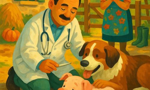 O Dr. Miguel, na casa dos quarenta, rosto redondo e pequena moustache, ajoelhado de jaleco branco com estetoscópio, acaricia e examina com ternura o porquinho Tufão — rosado com manchas de lama e patas levemente inchadas — deitado numa manta listrada; ao lado, Tobias, um cão de guarda grande, marrom e branco, protegido e afetuoso, encostado no porquinho; Dona Paula, cerca de 60 anos, cabelo grisalho preso e avental florido, de pé junto ao portão de madeira com expressão aliviada; cena numa quinta ensolarada com chão de terra encharcada, cerca de tábuas gastas, botas de borracha, uma abóbora e feno, casa de pedra com estores verdes ao fundo; o veterinário cuida do animal com um pequeno frasco de remédio sobre um balde, luz suave da manhã e paleta quente de ocres, verdes, rosas e castanhos.