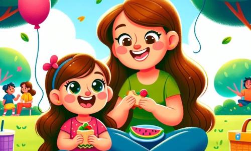 Czteroletnia dziewczynka o imieniu Ania, z długimi brązowymi włosami i błyszczącymi oczami, siedzi na dużym kolorowym kocu w słonecznym parku. Szeroko się uśmiecha, trzymając w jednej ręce małą kanapkę, a w drugiej kolorowy balon, pełna ekscytacji z powodu pikniku, który przygotowała dla mamy. Obok niej, jej mama, około 30-letnia kobieta z kasztanowymi włosami i ciepłym uśmiechem, siedzi w pozycji skrzyżowanej, delektując się pysznym kawałkiem owocu. Patrzy na Anię z czułością, szczęśliwa, że może spędzić ten wyjątkowy moment z córką. Park jest zielony, z dużymi drzewami, kolorowymi kwiatami tańczącymi na wietrze i jasnoniebieskim niebem z kilkoma białymi chmurami. W oddali widać inne dzieci bawiące się oraz rodziny korzystające z słonecznego dnia. Główna scena pokazuje Anię i jej mamę cieszące się piknikiem, otoczone śmiechem i radością, podczas gdy Ania bawi się, wypuszczając balony w niebo, symbolizując ich miłość i wspólne szczęście w ten wyjątkowy dzień matki.