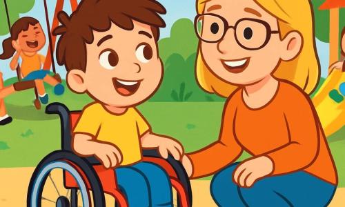 Een 4-jarig jongetje, Sam, zit in zijn mooie rode rolstoel met een grote, stralende glimlach op zijn blije gezicht. Zijn bruine haar staat wild en zijn ogen twinkelen van opwinding. Hij kijkt nieuwsgierig naar de andere kinderen die om hem heen spelen. Naast hem zit zijn juf, juf Lisa, een glimlachende vrouw van ongeveer 30 jaar met blond haar en een bril, die zich bukt om met hem te praten en hem aanmoedigt met een warme blik. Op de achtergrond is een groot, kleurrijk speelterrein vol kinderen die lachen en plezier hebben, met schommels, een glijbaan en groene bomen die in de wind dansen. De scène toont Sam, klaar om mee te spelen, met een uitdrukking van enthousiasme en vastberadenheid op zijn gezicht, terwijl hij zich voorbereidt om deze nieuwe vriendelijke omgeving te verkennen.