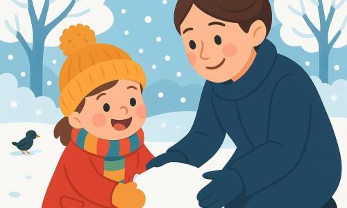 Een klein meisje van 2 jaar, Lise, met roze wangen en sprankelende ogen, glimlacht vrolijk terwijl ze een sneeuwbal in haar kleine handen vasthoudt. Ze draagt een mooie felrode jas, een multicolor sjaal en een gebreide muts met een pompon. Naast haar staat haar moeder, een vrouw van rond de dertig, met bruin haar in een knot en een marineblauwe jas. Ze glimlacht teder naar Lise terwijl ze haar helpt een grote sneeuwbal te rollen. Ze bevinden zich in een winterpark, waar sneeuwvlokken zachtjes uit de lucht vallen. De grond is bedekt met een dikke laag glinsterende sneeuw, en bomen met met sneeuw bedekte takken omringen de ruimte. In de verte zijn vogels te zien die zaden van de grond pikken. De hoofdscène toont Lise en haar moeder die een grote sneeuwbal maken, omringd door flonkerende sneeuwvlokken, terwijl Lise lacht en zich amuseert, vol vreugde en verwondering.