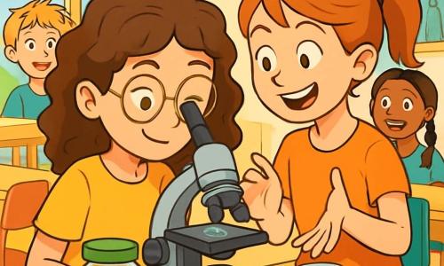 Een 12-jarig meisje, Sofie, staat in het midden van het podium, met krullend kastanjebruin haar en ronde brilletjes die iets op haar neus glijden. Haar gezicht straalt nieuwsgierigheid uit, haar ogen glinsteren van opwinding terwijl ze naar een microscoop kijkt. Naast haar staat Noor, een ander 12-jarig meisje met een bruine paardenstaart en sproeten, die glimlacht en haar enthousiast laat zien hoe ze het apparaat moet gebruiken. Op de achtergrond kijken kinderen van verschillende leeftijden, waaronder een 11-jarige jongen genaamd Bram met rommelig blond haar en een 10-jarig meisje, Lila, met vlechten, gefascineerd naar de scène. De locatie is een lichte klaslokaal, gevuld met houten tafels, kleurrijke stoelen en muren versierd met wetenschappelijke posters. De situatie toont Sofie die een fascinerende wereld ontdekt door de microscoop, omringd door haar klasgenoten die verwonderd zijn over de schoonheid van de kleine waterdieren die ze observeren, wat een sfeer van kameraadschap en blije leerervaring creëert.
