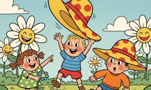Two-year-old Timmy, joyful with short blond hair and rosy cheeks, wearing a blue striped tee and red shorts, jumps on the lawn as a huge yellow hat with red spots flies from his arm and lands comically on a large flower; nearby, three-year-old Bella, playful with brown pigtails in a green polka-dot dress, points and laughs to Timmy’s left, while three-year-old Max, funny and surprised with short black hair and an orange sweater, stumbles to Timmy’s right with the oversized hat partly covering his face, all in a sunny, colorful garden with green grass, stylized daisies, a curved stone path, round bushes and a clear sky with puffy clouds, exaggerated, bold lines and bright colors conveying clear, humorous expressions.