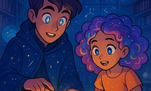 A man named Orion, with eyes shining like stars and a long sparkling coat, stands at the center of the scene, displaying a look of wondrous curiosity. He is leaning over a large ancient book, his fingers brushing against the gilded pages. Beside him is a young girl named Lyra, around 10 years old, with spiraled, colorful hair like a nebula, attentively watching, her face lit up with excitement. They are in the Celestial Library, a magical place filled with endless shelves of floating books, glowing globes, and twinkling constellations projected on the walls. Stars shine through a large glass dome, creating an enchanting atmosphere. The main scene shows Orion and Lyra discovering an ancient grimoire that reveals a mysterious message from a distant star, their faces radiant with wonder and adventure.