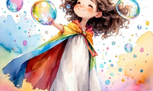 No centro da imagem, Lila, uma menina de cerca de 8 anos, usa uma capa colorida feita de um velho lençol branco. Ela tem cabelos cacheados e castanhos que voam com o vento, e seu rosto está iluminado por um grande sorriso, mostrando seu entusiasmo. Lila está soprando bolhas de sabão gigantes que flutuam ao seu redor, criando uma atmosfera alegre e lúdica. À sua direita, Max, um garoto de 9 anos, está vestido com um traje de super-herói vermelho e uma máscara preta. Ele ri enquanto tenta pegar uma bolha que escapa, seus olhos brilhando de travessura. À sua esquerda, o Terrível Senhor Tofu, um homem de cerca de trinta anos, está vestido com um traje verde com padrões de tofu. Ele está sentado no chão, com uma expressão desesperada, cercado por bolhas de sabão, enquanto tenta se levantar. A cena acontece em um pátio de escola ensolarado, com árvores verdes ao fundo e crianças brincando ao redor. Desenhos coloridos estão pendurados nas paredes da escola, adicionando um toque de alegria ao ambiente. A situação principal mostra Lila criando bolhas de sabão que sobem ao ar, enquanto o Terrível Senhor Tofu escorrega em uma bolha, caindo no chão de forma cômica, o que provoca risadas nas outras crianças.