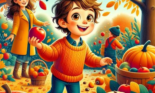 Um menino de 4 anos, chamado Joãozinho, com cabelos castanhos bagunçados e olhos brilhantes de alegria, está no meio de um jardim de outono. Ele usa um suéter laranja vivo e uma calça jeans, sorrindo maravilhado enquanto segura uma maçã vermelha brilhante na mão. Ao lado dele, sua mãe, uma mulher de cerca de 30 anos com cabelos longos e cacheados, vestida com um casaco amarelo e um chapéu de feltro, colhe damascos de uma árvore, olhando para o filho com ternura. O jardim está cheio de folhas douradas e vermelhas, abóboras redondas e castanhas espalhadas pelo chão. A cena principal mostra Joãozinho, animado, correndo pelas folhas crocantes, pronto para explorar e coletar tesouros de outono.