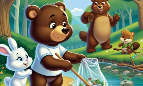 Um jovem urso pardo chamado Bruno, com um pelo macio e sedoso, expressa grande determinação em seu rosto. Ele está de pé à beira de um riacho, com as patas na água clara, recolhendo lixo para limpar seu habitat. Ao seu lado, Clara, uma coelhinha branca e vaidosa com grandes orelhas, observa entusiasmada, segurando uma pequena pá de madeira, pronta para ajudar. Um pouco mais adiante, Alfredo, um castor de pelo marrom e dentes proeminentes, constrói uma pequena biblioteca de galhos, exibindo um sorriso orgulhoso e concentrado. A cena ocorre em uma floresta verdejante, com árvores majestosas, flores coloridas no chão e um céu azul claro com nuvens brancas fofas. A situação principal mostra Bruno e seus amigos unidos em sua missão de limpeza, ilustrando o espírito de camaradagem e seu compromisso em proteger o meio ambiente.
