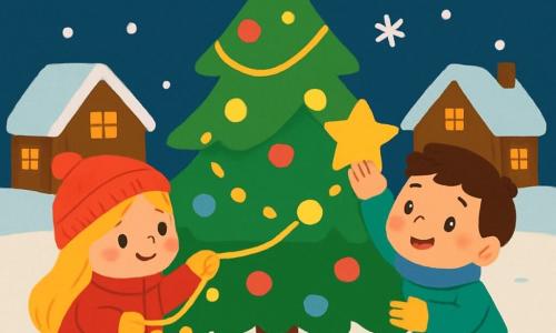 Er zijn 2 hoofdpersonages: - Anna: een 2-jarig meisje met lang blond haar en roze wangen. Ze draagt een felrode jas en een wollen muts. Ze staat naast de grote kerstboom en houdt een lichtslinger vast. - Tim: een 2-jarig jongetje met bruin haar en sprankelende ogen. Hij draagt een blauwe sjaal en gele handschoenen. Hij zit voor de boom en plaatst een gouden ster op de top. De situatie speelt zich af in een klein besneeuwd dorp met houten huizen versierd met fonkelende lichten. De sneeuw bedekt de grond als een zachte witte tapijt, en sneeuwvlokken vallen zachtjes uit de sterrenhemel. In het midden staat een majestueuze kerstboom, verlicht met duizenden lichten, omringd door kleine kleurrijke cadeaus. De hoofdactie van het verhaal toont Anna en Tim die de kerstboom versieren met glinsterende slingers en kleurrijke ballen, terwijl sterren aan de nachtelijke hemel schitteren. Ze zijn vervuld van vreugde en verwondering, wat een magische en feestelijke sfeer creëert.